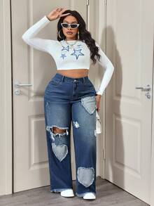 Slaydiva 大码女式爱心图案做旧宽松直筒牛仔裤，休闲牛仔装扮 - 深色水洗藍 - 查看 5