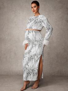 MaterniChic 2pcs Maternity Elegant Sequin Patchwork Fuzzy Trim Top And Skirt Set, Autumn - White - View 5