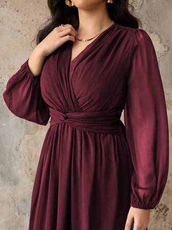 Roveilla Plus Size Women's Elegant Vintage Middle Eastern Style Chiffon Dress With Pleated Fabric, Shirred, Waist Twist, A-Line Silhouette, Lantern Sleeves, Long Sleeve, Suitable For Afternoon Tea, Party, Spring/Autumn/Winter Winery Dresses For Women Lantern Sleeve Dress Burgundy Long Sleeve Dress Wine Dress Elegant Dress Plus Size Dresses Burgundy Maroon Dress Plus Size Wrap Dress Curve Elegant Dress