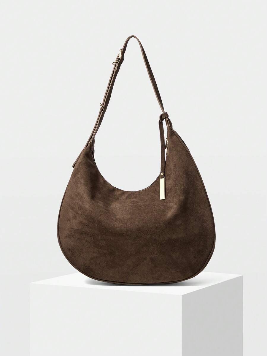 MOTF PREMIUM 女士麂皮极简新月形手提包，配精致金属吊坠，浓缩咖啡棕色 - 咖啡棕 - 查看 2