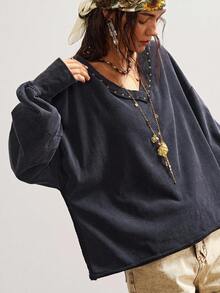 Bohemela Sudadera holgada de manga larga con cuello en V, decorada con perlas y tachuelas en bloques de color, talla grande - Negro - Ver 5