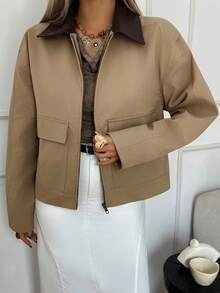 DAZY Áo khoác da PU cổ vá màu tương phản thường ngày cho nữ, mùa thu - Màu Khaki - Xem 3