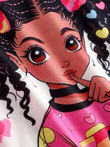 SHEIN Explorewe 2pcs Set Tween Girl Fuchsia Round Neck Portrait Print Top And Leggings, Plus Size - Hot Pink - View 7