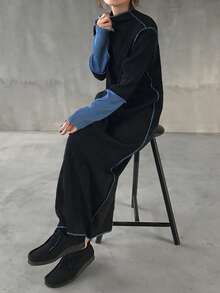 FRIFUL Gaun Wanita Lengan Panjang Kerah Tinggi dengan Blok Warna, Kain Bertekstur Ribbed, Gaun Kasual Longgar, Cocok untuk Gaun Maxi Musim Gugur/Musim Dingin - Hitam - View 2