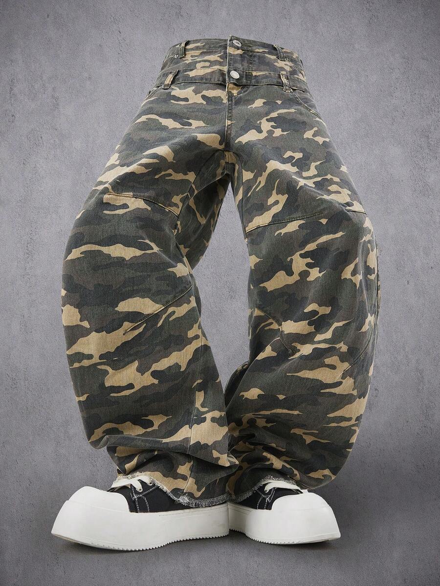 Manfinity Denimwave Men's Adjustable Waist Camouflage Barrel Leg Pants, Streetwear Style Camo Sweats - Multicolor - View 1