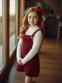 Emery Rose Kids 少女圣诞可爱酒红色灯芯绒背带裙 - 紅色 - 查看 3