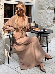 Serisse 女士优雅通勤蕾丝拼接系腰连衣裙 - 咖啡 - 查看 6