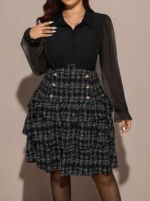 Comfylo Große Größen verspieltes Laternärmel Karomuster Mesh Patchwork Langarm Kleid - Schwarz - Übersicht 8