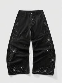 ROMWE MEN Street Life Men's Rhinestone Embellished Pocket Wide Leg Loose Casual Jeans - Black - View 1