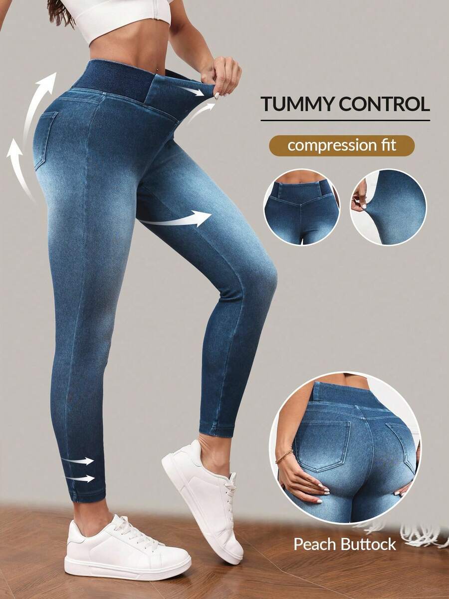 SHEIN Tall Women's Casual High Waist Elastic Skinny Washed Denim Jeans - Blue - View 1