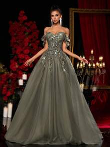 Glamrae Elegant Vanilla Green Off Shoulder Luxury 3D Applique Super Flared A-Line Dress With Adjustable Tie, Suitable For Dates, Singles Parties, Weddings, Vacations, Back To School, Photoshoots, Birthdays, Formal Occasions - Olive Green - View 6