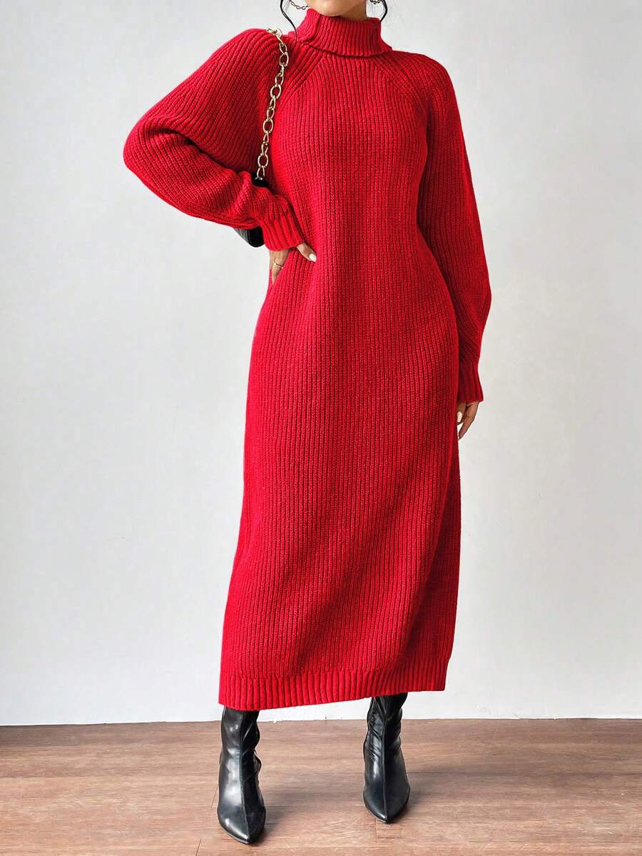 SHEIN Clasi 休闲纯色高领长款针织连衣裙，秋冬季 - 紅色 - 查看 1