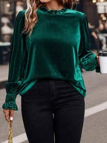 SHEIN Clasi 一件大号绿色天鹅绒袖口拉袢衬衫 - 墨綠色 - 查看 4