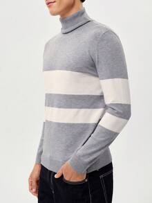 RONVEXI Áo len cổ lọ tay dài màu tương phản thường ngày cho nam, Thu/Đông - Xám - Xem 4