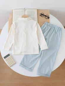SHEIN 2pcs Young BoyRibbed Knit Collared Long Sleeve Shirt & Ribbed Woven Casual Pants Set, Spring/Autumn - Baby Blue - View 2