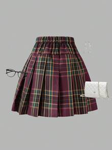 SHEIN Váy ngắn xếp ly màu trơn cho bé gái tuổi teen, váy đen, váy ngắn, thiết kế đa năng, cho mùa đông/thu/hè - Đỏ - Xem 2