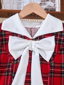 少女格子连衣裙，蝴蝶结装饰，长袖，收腰，时尚拼接领 - 彩色 - 查看 5