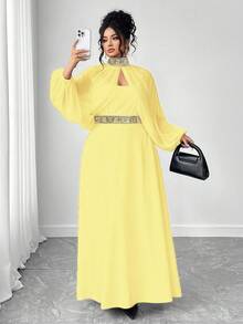 Elenzga Đầm xòe thắt eo thời trang tối màu nữ tính cỡ lớn (Thẩm mỹ thứ tư) Thiết kế cao cấp thanh lịch, khăn choàng voan hở tay hở eo, trang trí, phù hợp mặc hàng ngày, tiệc tùng, dạ tiệc - Vàng nhạt - Xem 6