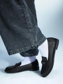 Sugerpunk Mocasines de mujer con decoración de cadena metálica, estilo casual y de uso diario - Negro - Ver 5