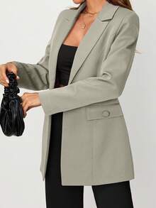 EURMUSE Women's Purple Button Front Pocket Detailed Elegant Blazer Jacket - Beige - View 6