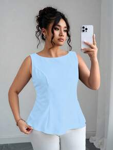 Elenzga Plus Size Women Casual Solid Color Sleeveless Backless Blouse - Blue - View 2