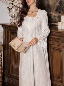 PalaceNights Vintage Palace Style White Lace Embroidered Long Nightgown, Winter - White - View 1
