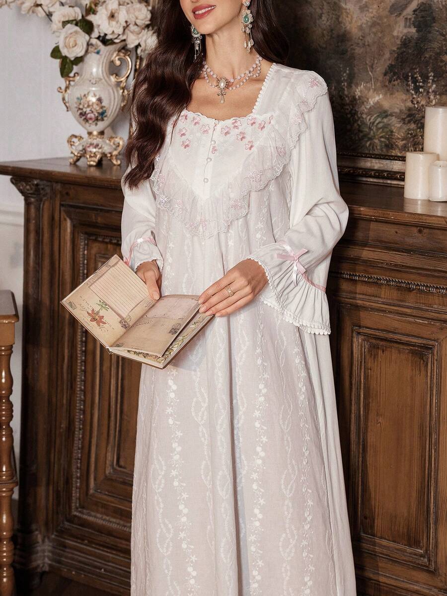 PalaceNights Vintage Palace Style White Lace Embroidered Long Nightgown, Winter - White - View 1