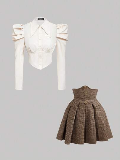 SHEIN MOD 女士优雅通勤办公室服装两件套：修身泡泡袖衬衫和喇叭形千鸟格印花连衣裙，春秋季