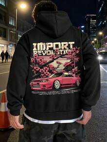 Manfinity Dauomo Y2K赛车与樱花图案T恤，男士宽松舒适长袖连帽T恤，适合休闲户外穿着 - 黑色 - 查看 1