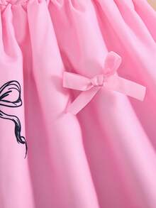 Casuvi Kids 1 Set Girls Sweet & Cute White Short Letter Print T-Shirt (With Pink Bow Decor), Paired With Pink Multi-Bow Decorated Skirt, Regular Thickness, Outfit For Daily Wear, Summer - Pink - View 7