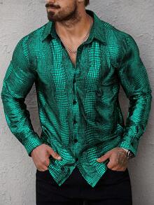 Manfinity AFTRDRK 男士时尚街头休闲鳄鱼纹长袖衬衫 男士长袖衬衫 蛇纹印花衬衫 男士绿色衬衫 - 綠色 - 查看 4