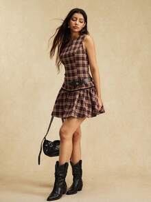 Easelle 棕色格子编织迷你连衣裙（女款） - 棕色 - 查看 6
