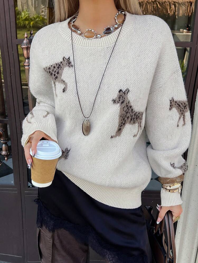 Women's Casual Animal Pattern Round Neck Dropped Shoulder Loose Knit Sweater, Autumn/Winter