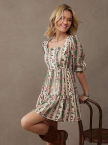 WESTFADE 条纹碎花方领泡泡袖层叠荷叶边娃娃迷你连衣裙，适合节日、圣诞节、新年夜穿着，也适合秋季、冬季穿着，风格波西米亚风、休闲风、可爱风、西部风。 - 彩色 - 查看 1