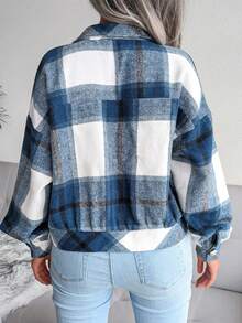 Chamarra ligera para Mujer, Chaqueta De Cuadros De Manga Larga Para Mujer,Chamarra Corta De Pana Da Dama,Chaquetas De Chamarra De Un Solo Botonadura,Cómoda y Cálida Chaqueta Clásica A Cuadros - Azul - Ver 5