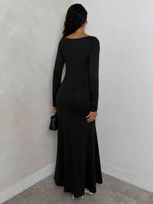 Glamine Vestido largo negro de malla ajustado y elegante para mujer - Negro - Ver 2