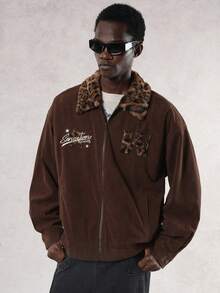 DAZY Men's Brown Patchwork Contrast Collar Letter Embroidery Jacket And Coat, Autumn - Rust Brown - View 8