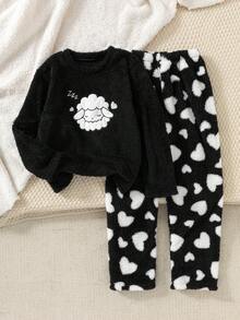 Girls Pajamas, Elegant Casual Home Wear, Long Sleeve Top & Pants Set, Cloud & Smile Embroidery, Starry Sky Pattern, Fleece Fabric, Suitable For Tween Girlsin Autumn/Winter
