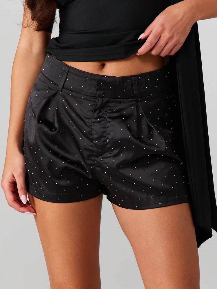 MISSGUIDED Rhinestone Studded High Rise Shorts With Elastic Waistband Mini Length Party Evening Occasion Sparkle Embellished Bottoms - Black - View 4