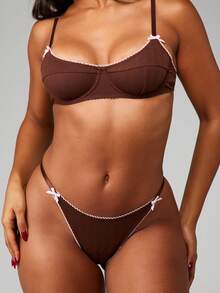 MISSGUIDED Pointelle Ribbed Underwire Bra And Thong Set With Contrast Lace Trim Pink Bow Details Intimates Lingerie - Brown - View 3