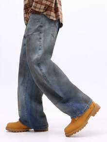 SUMWON 双层阔腿滑板牛仔裤，采用弧形拼接细节和宽松直筒剪裁，打造休闲街头风。 - 藍色 - 查看 5