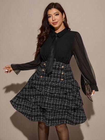 Comfylo 大码俏皮灯笼袖格子印花网纱拼接长袖连衣裙