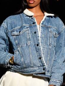 Mima John Autumn/Winter Thermal Lined Loose Casual Denim Jacket - Medium Wash - View 6