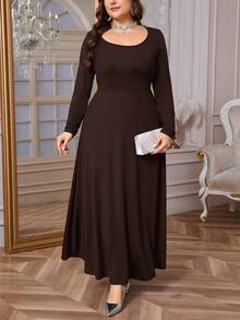Firerie Damen Große Größen Lässig Elegant Minimalistisch Pendler Alltags Kleid mit quadratischem Kragen, Raffung, Schleife, Langarm, elastisch, A-Linie, Frühling/Herbst, Abendkleider für Damen - Kaffeebraun - Übersicht 5