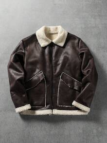 Manfinity CasualCool Men's Thermal Lined Sherpa Jacket,Dark Beige,Winter,80s,Hiking,Contrast Color Fur Collar Zip-Up Long Sleeve Brown Bomber Jacket For Autumn/Winter - Coffee Brown - View 6