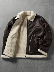Manfinity CasualCool Men's Thermal Lined Sherpa Jacket,Dark Beige,Winter,80s,Hiking,Contrast Color Fur Collar Zip-Up Long Sleeve Brown Bomber Jacket For Autumn/Winter - Coffee Brown - View 7