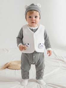 3pcs Baby Boy Autumn Winter Set,Cute Panda Plush Vest,Grey Striped Jumpsuit,Ear Hat,New Born Clothes,Unisex White Outfit,Matching Family - Grey - View 1