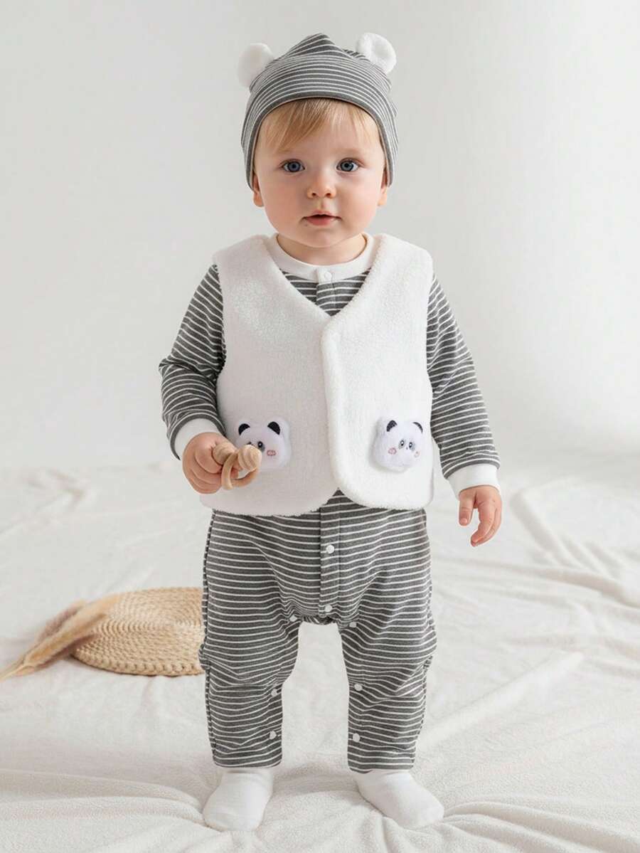 3pcs Baby Boy Autumn Winter Set,Cute Panda Plush Vest,Grey Striped Jumpsuit,Ear Hat,New Born Clothes,Unisex White Outfit,Matching Family - Grey - View 1