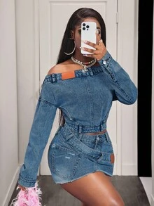 BamGleam Fashionable Casual Shoulder Denim Top For Women - Medium Wash - View 7