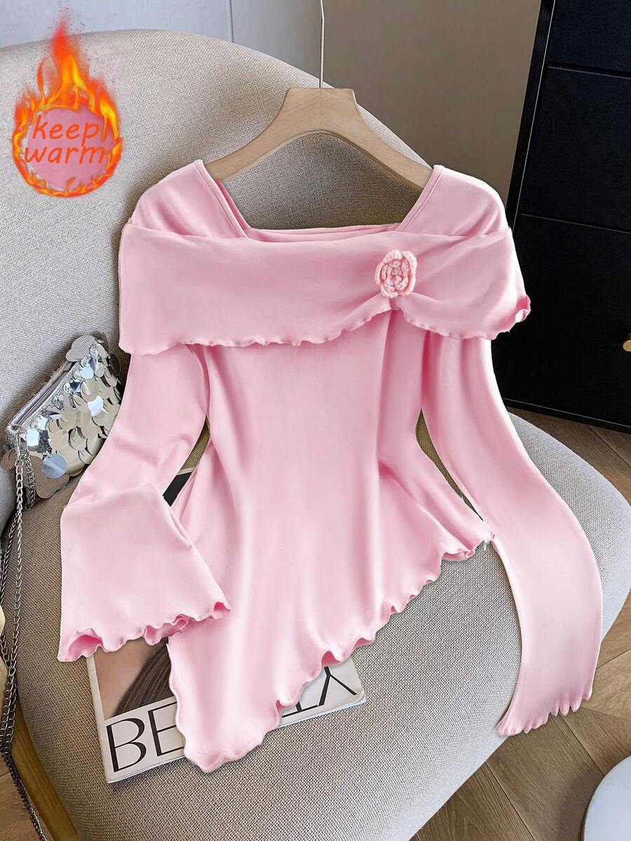 GlowEve CURVE Plus Size Women Elegant Casual Long Sleeve Asymmetric Floral Stretch Top, Autumn/Winter - Pink - View 1